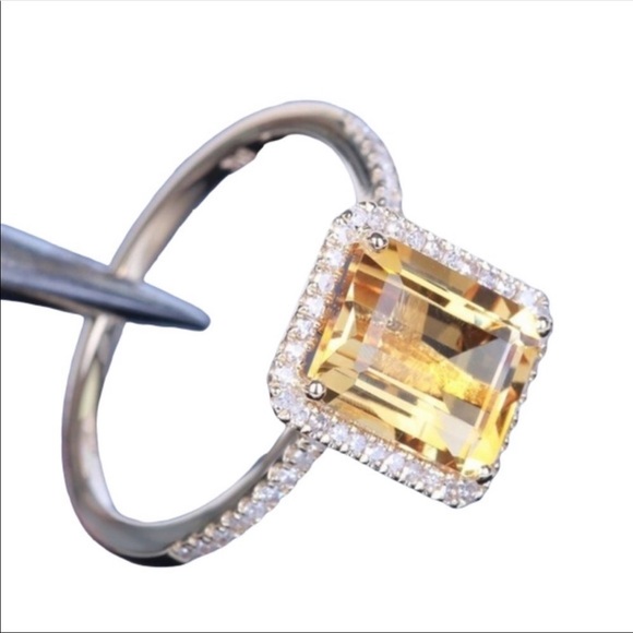 Yellow Citrine CZ Diamond Silver Ring Size 6 - Picture 3 of 3